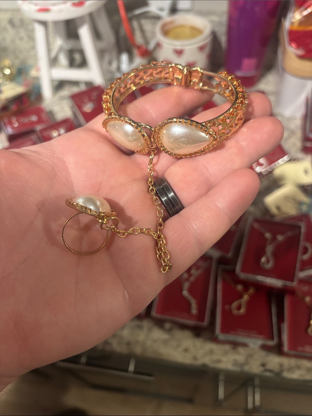 Gold Pearl Teardrop Hand Chain Bracelet - Women Jewelry